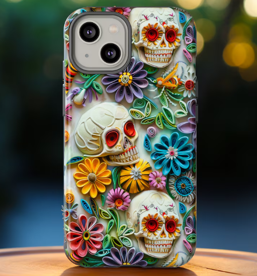 Paper Quilling Floral Skull Phone Case, 3D Faux Paper Gothic Art Design, iPhone 15 14 13 Pro Max Mini, Pixel 8 7, Samsung S24 S23 Plus Ultra
