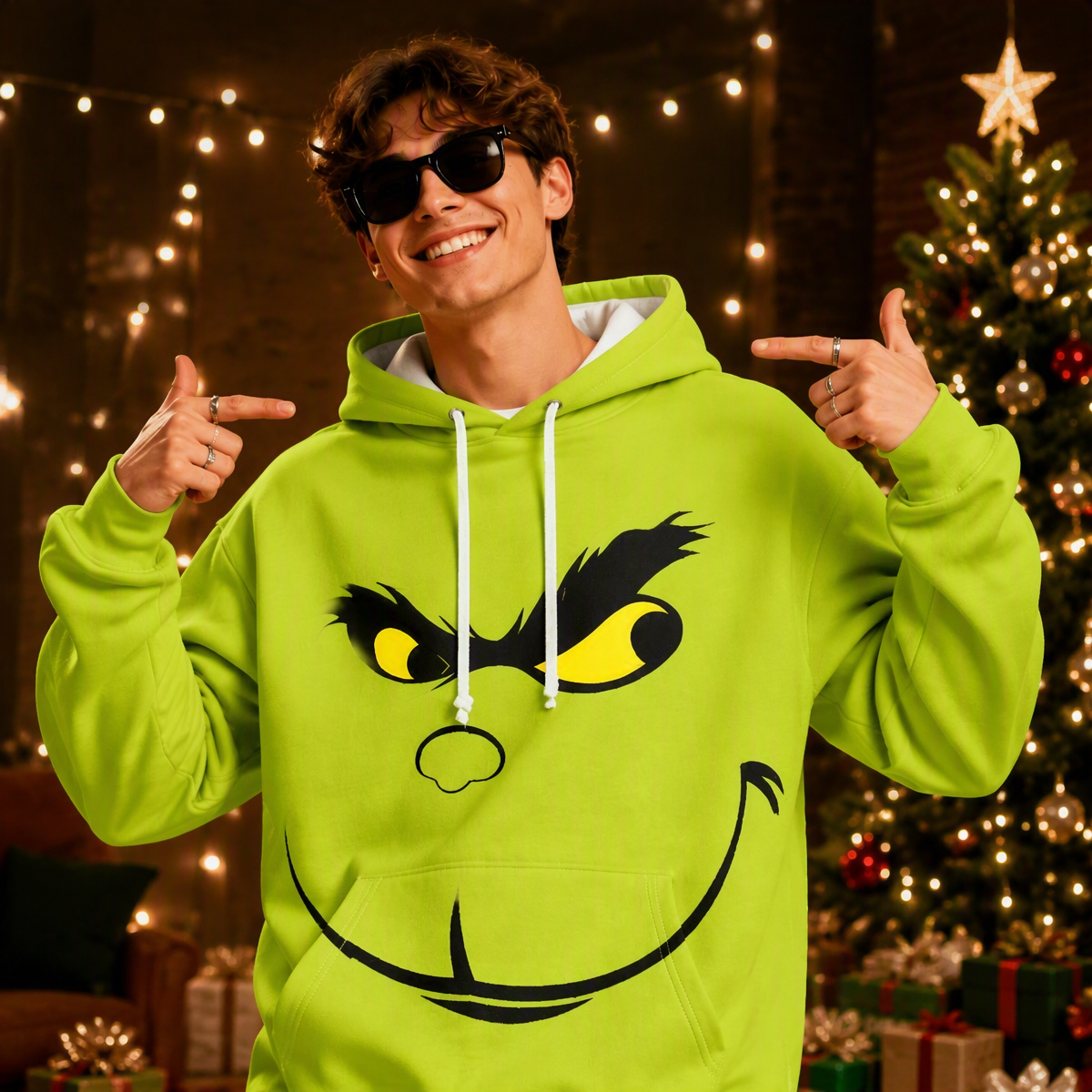 Funny Green Monster Face Hoodie – Graphic Smirk & Grumpy Face Printed Christmas Pullover Sweatshirt, Festive Holiday Cosplay Apparel - auphotoblanket