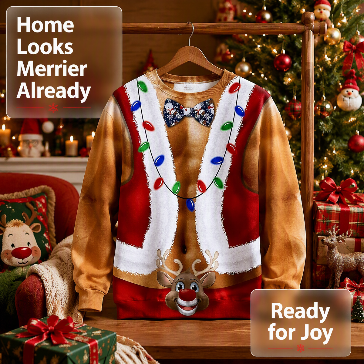 Funny Ripped Santa Muscle Abs Ugly Christmas Sweater – 3D Printed Christmas Lights & Reindeer Bowtie Sweatshirt, Novelty Holiday Party Outfit - auphotoblanket