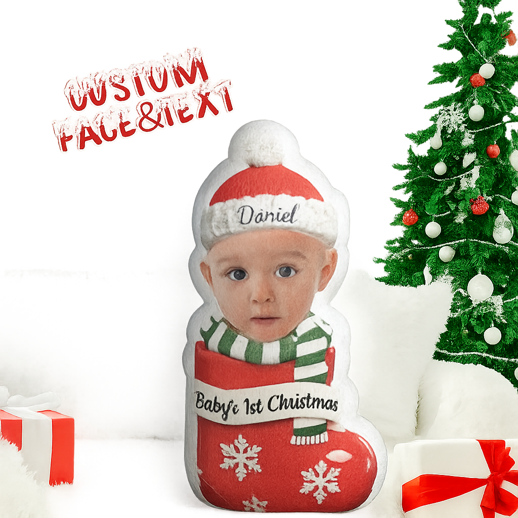 Custom Face Cute Baby 1st Christmas Socks Pillow, Personalized Portrait & Name - auphotoblanket