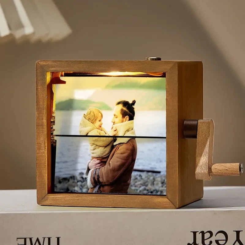 Custom Artisanal Flipbook Photo Display Personalized Walnut Hand-Cranked Cube with Light Perfect Gift - auphotoblanket