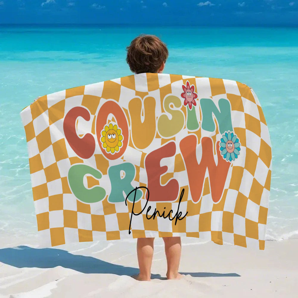 Personalised Cousin Crew Plaid Design Oversized Quick Dry Beach Towel with Name Birthday Summer Vacation Accessory Gift for Kids - auphotoblanket