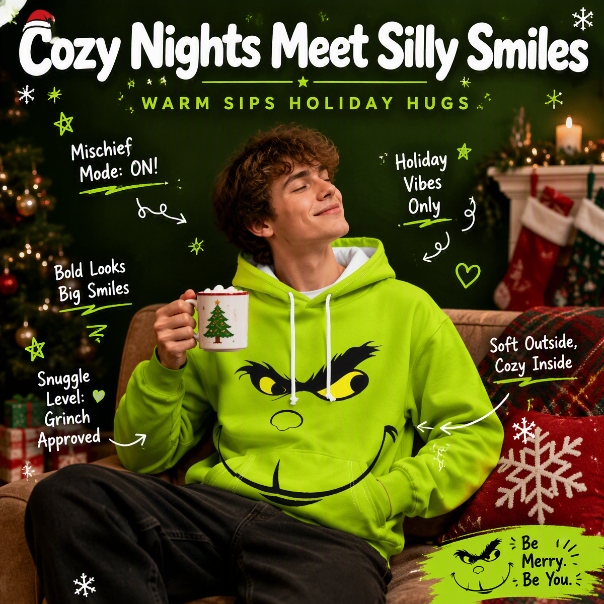 Funny Green Monster Face Hoodie – Graphic Smirk & Grumpy Face Printed Christmas Pullover Sweatshirt, Festive Holiday Cosplay Apparel - auphotoblanket