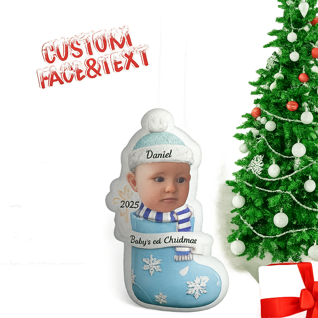 Custom Face Cute Baby 1st Christmas Socks Pillow, Personalized Portrait & Name - auphotoblanket