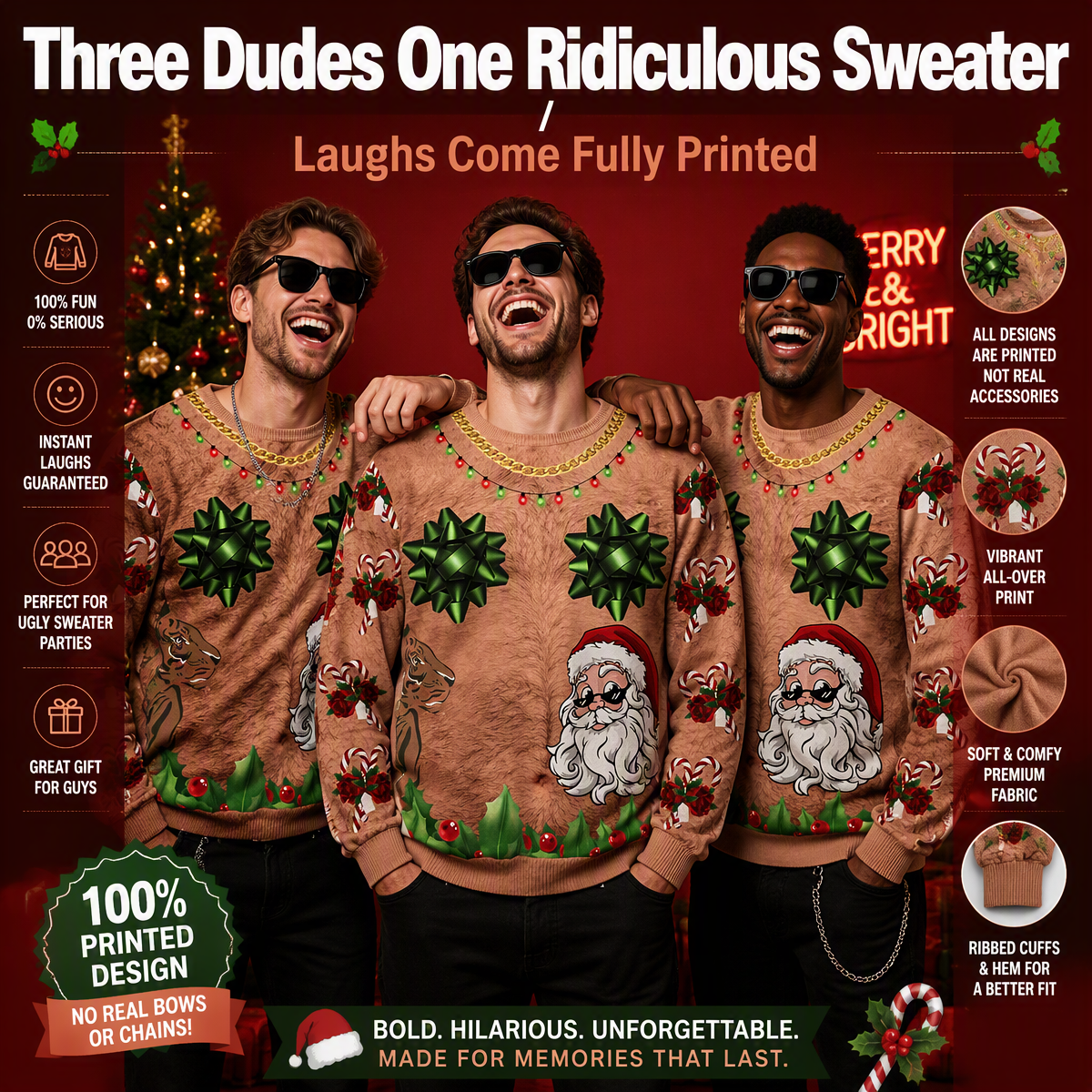 Funny Hairy Chest Bow Bows Ugly Christmas Sweater – 3D Printed Candy Cane & Santa Tattoo Graphic Sweatshirt, Novelty Holiday Gag Gift Top - auphotoblanket