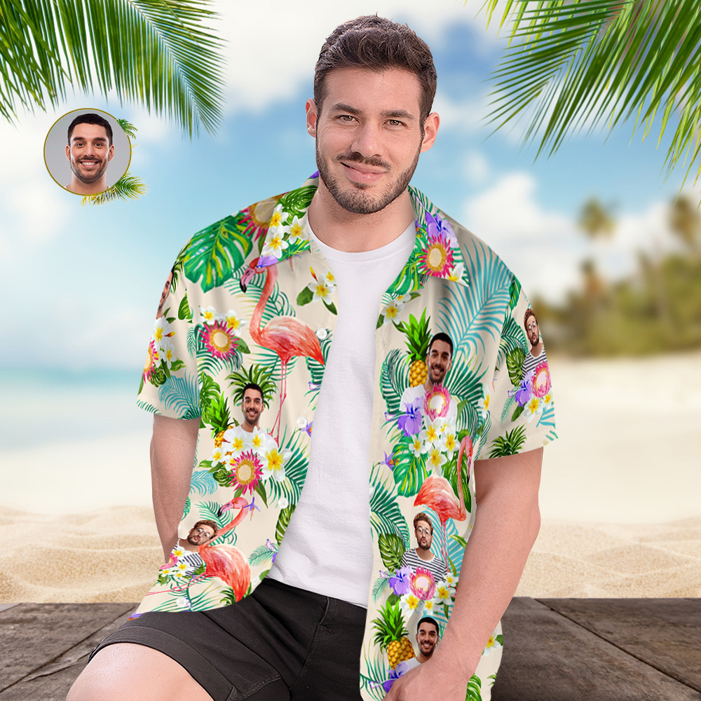 Custom Photo Funny Human Aloha Hawaii Shirt Sunflower Flamingo Shirt - auphotoblanket