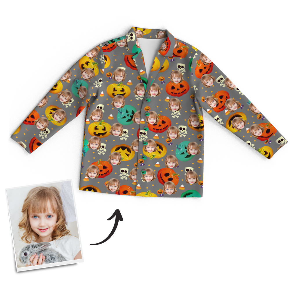 Custom Face Pumpkin Skeleton Pajamas Halloween For Children - auphotoblanket