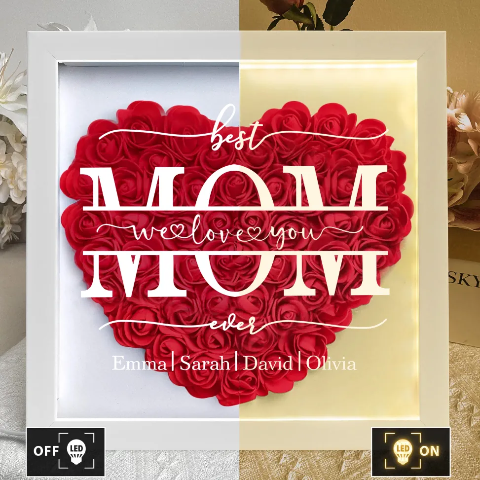 We Love You Mom - Personalised Flower Shadow Box With LED Light - auphotoblanket