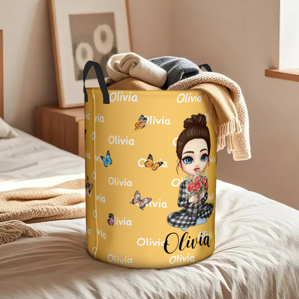 Personalised Butterfly Storage Basket Cartoon Character Birth Flower Name Laundry Basket - auphotoblanket