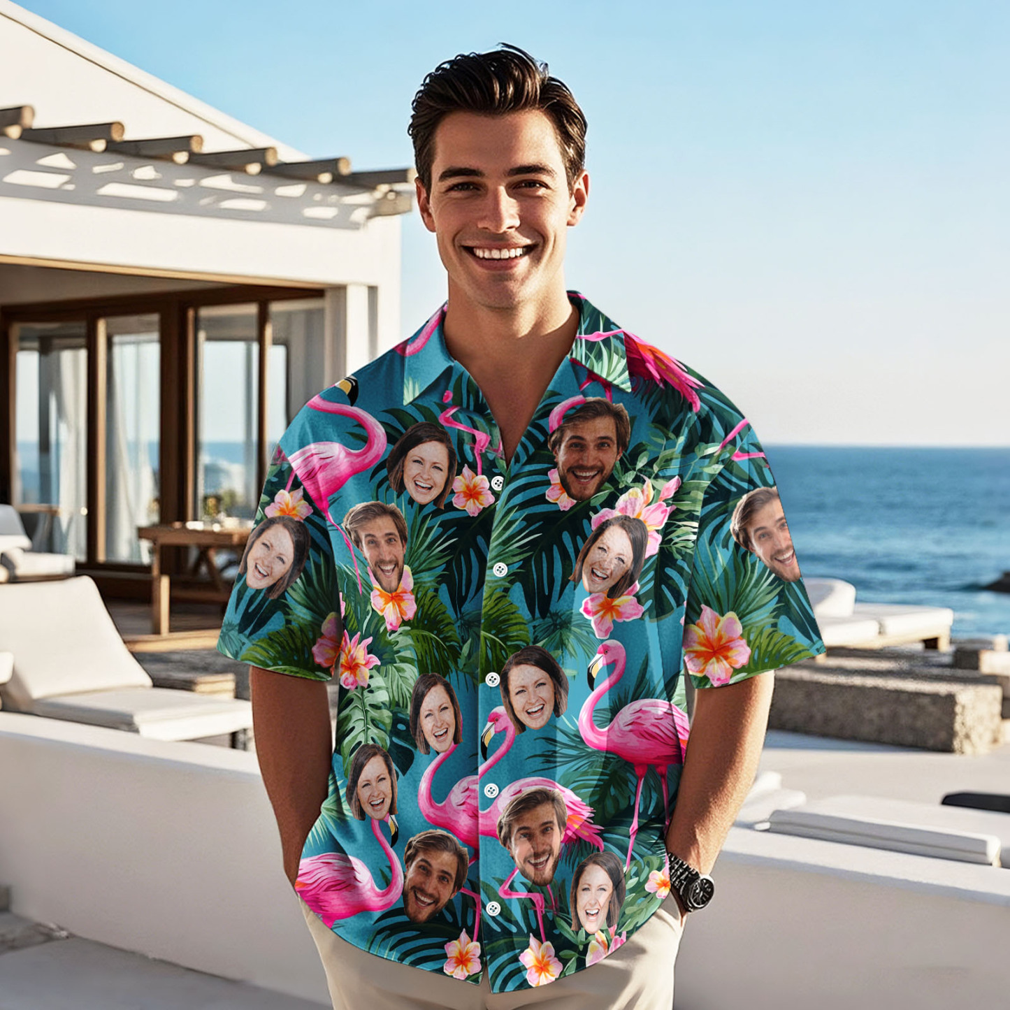 Custom Face Pink Flower Hawaiian Shirt Personalized Pink Flamingo Pattern Hawaiian Shirt Gift For Him - auphotoblanket