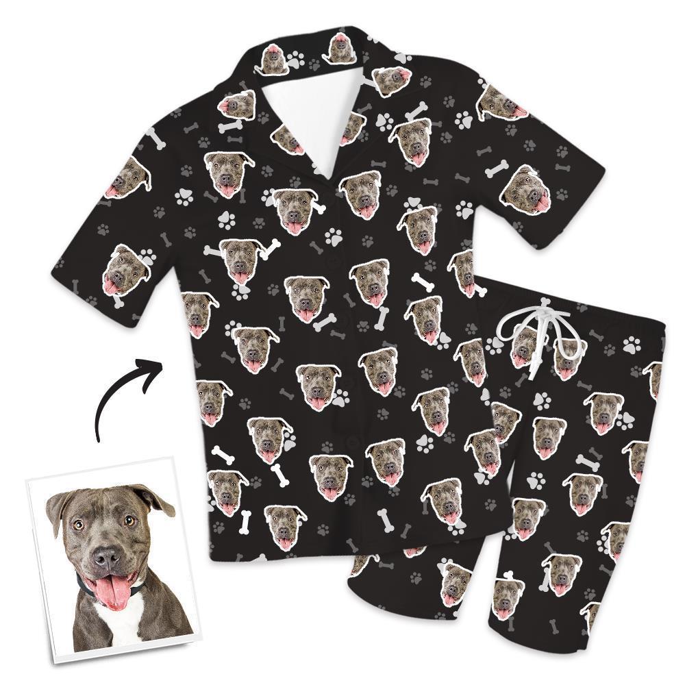 Christmas Gifts Custom Pajamas with Dog Face Bones And Footprints Short Sleeved Pajamas - auphotoblanket