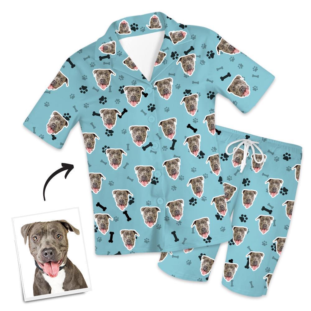Christmas Gifts Custom Pajamas with Dog Face Bones And Footprints Short Sleeved Pajamas - auphotoblanket