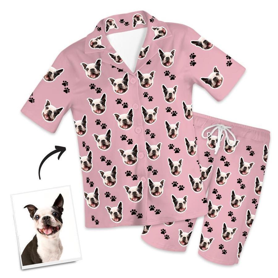 Custom Dog Face And Footprints Pajamas Personalised Photo Short Pajamas - auphotoblanket