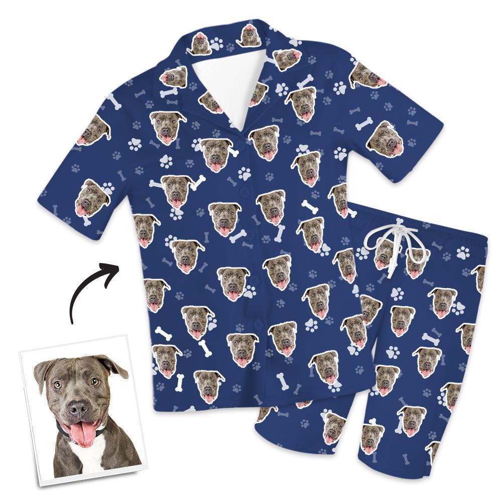 Christmas Gifts Custom Pajamas with Dog Face Bones And Footprints Short Sleeved Pajamas - auphotoblanket