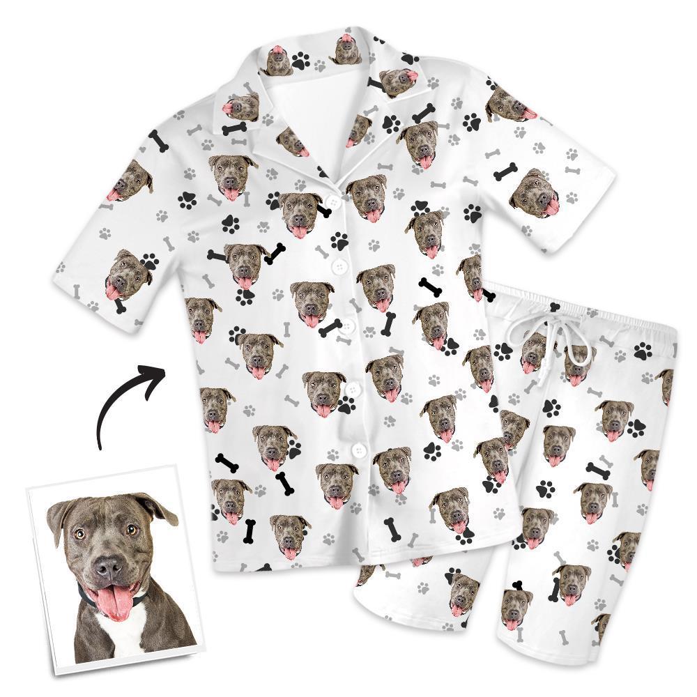 Christmas Gifts Custom Pajamas with Dog Face Bones And Footprints Short Sleeved Pajamas - auphotoblanket