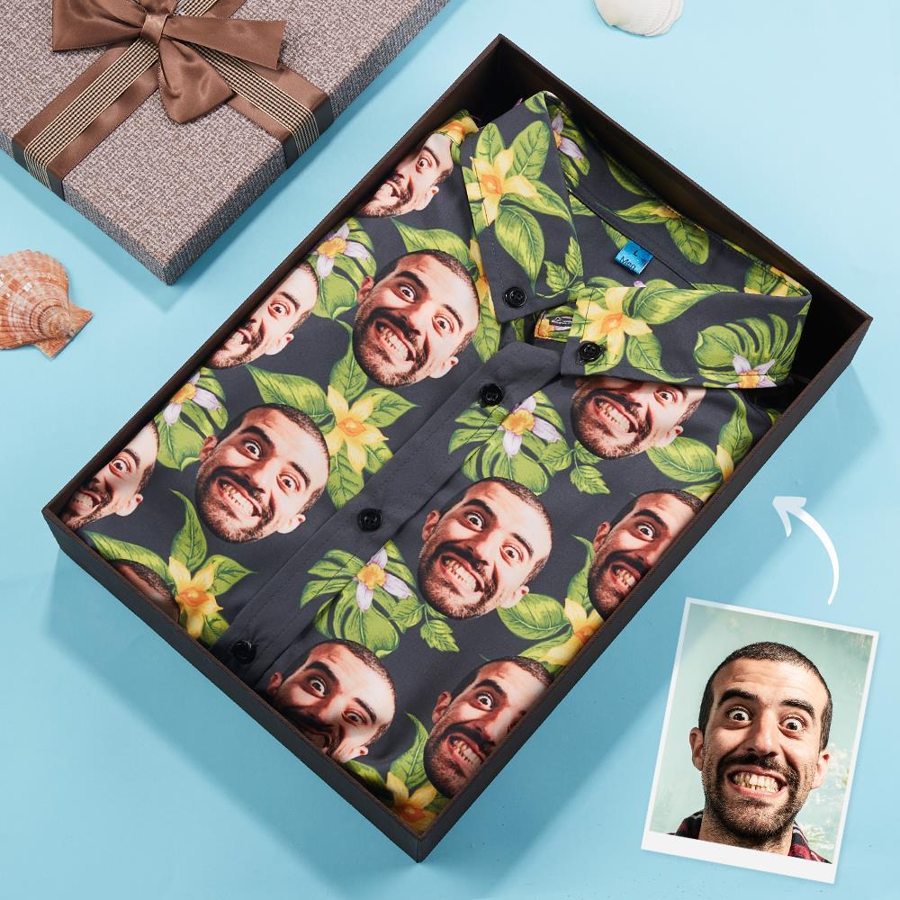Custom Face Men's Hawaiian Shirt Green Flowers