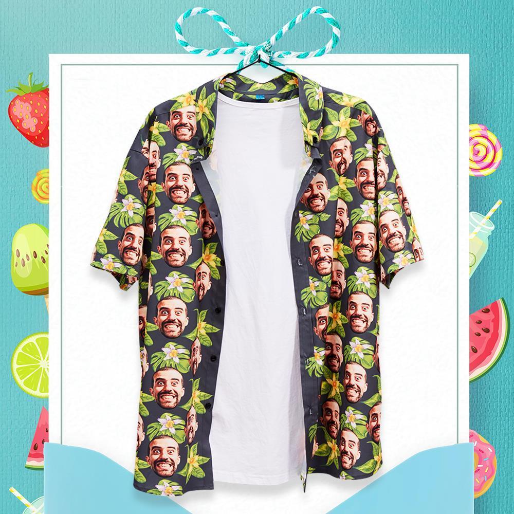 Custom Face Men's Hawaiian Shirt Green Flowers