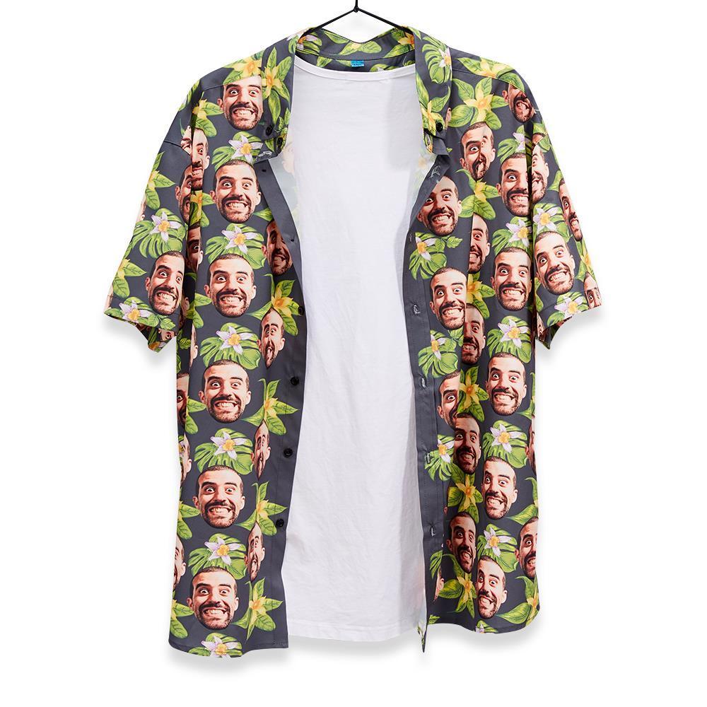 Custom Face Men's Hawaiian Shirt Green Flowers