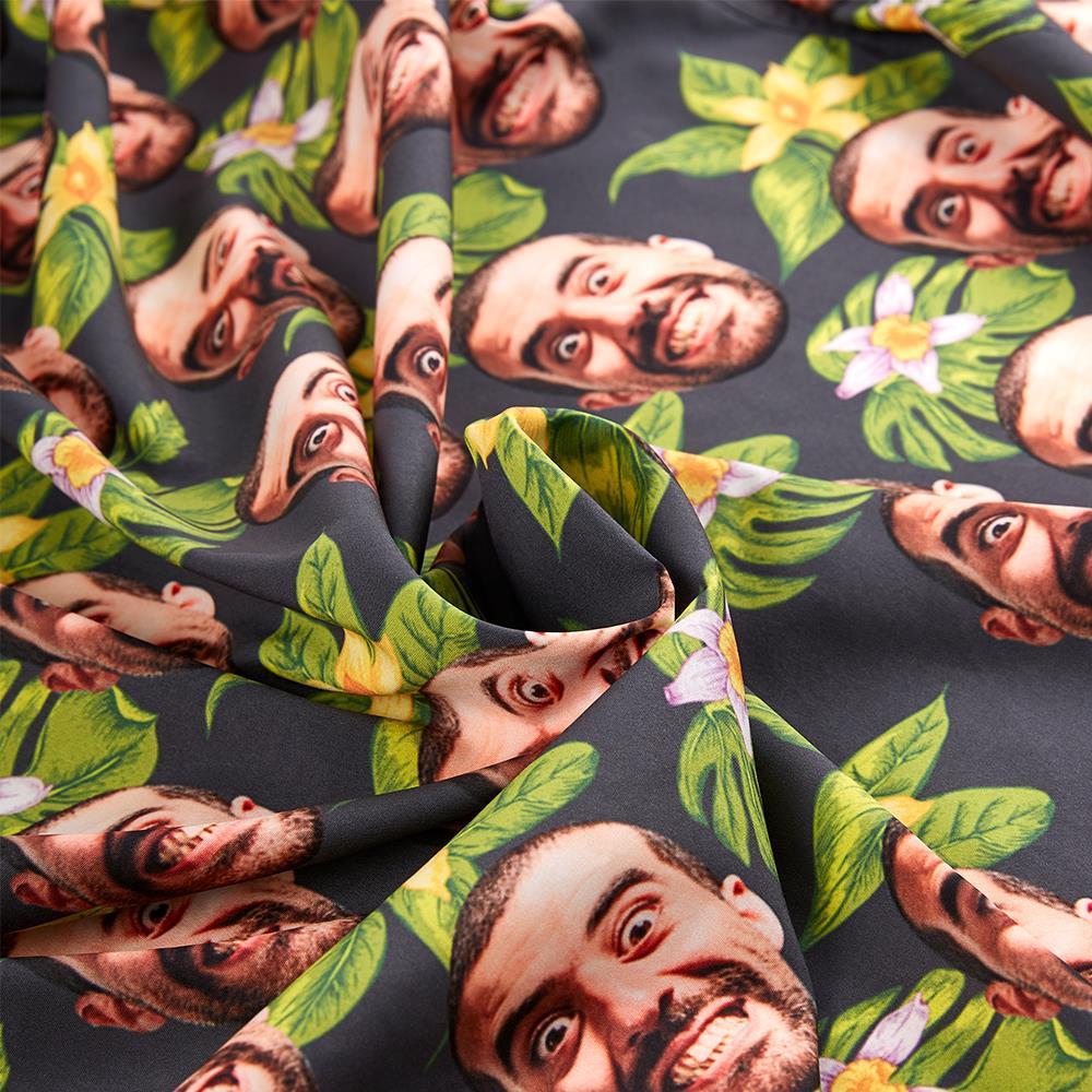 Custom Face Men's Hawaiian Shirt Green Flowers
