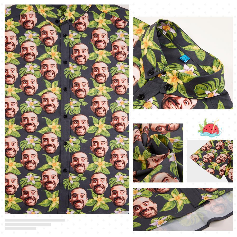 Custom Face Men's Hawaiian Shirt Green Flowers