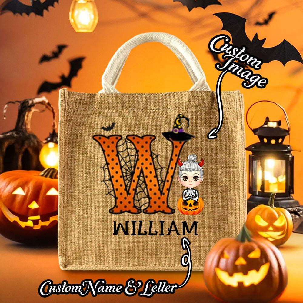 Custom Trick or Treat Candy Jute Tote Bag with Initial & Name Personalized Cartoon Character Pumpkin Design Gift for Halloween - auphotoblanket