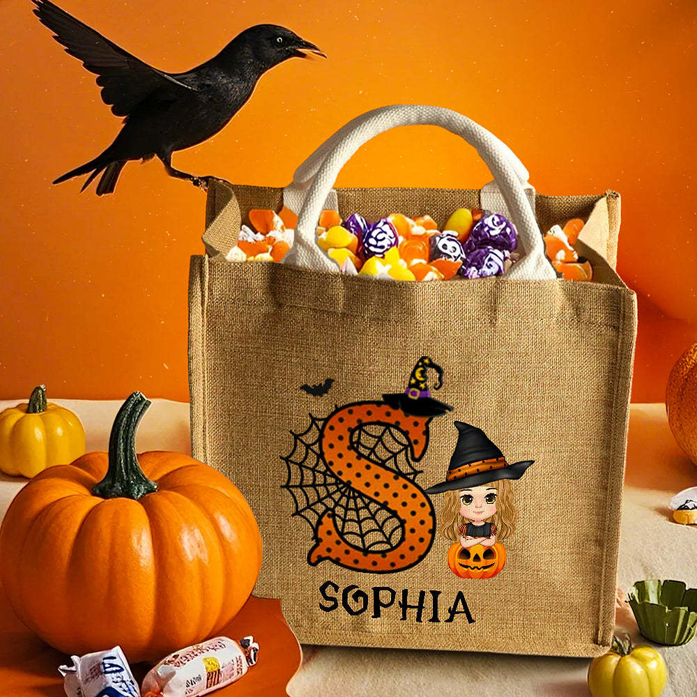 Custom Trick or Treat Candy Jute Tote Bag with Initial & Name Personalized Cartoon Character Pumpkin Design Gift for Halloween - auphotoblanket