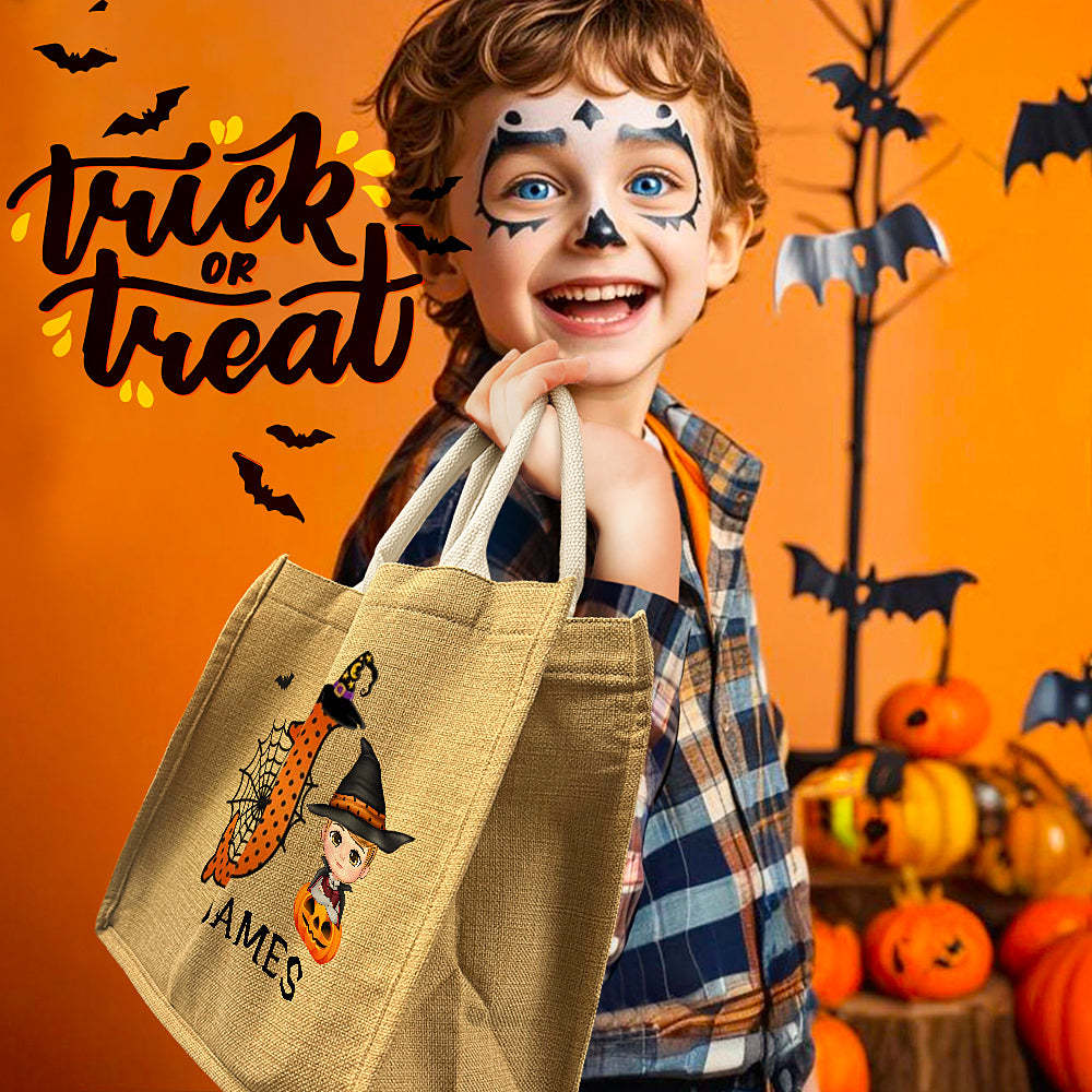Custom Trick or Treat Candy Jute Tote Bag with Initial & Name Personalized Cartoon Character Pumpkin Design Gift for Halloween - auphotoblanket