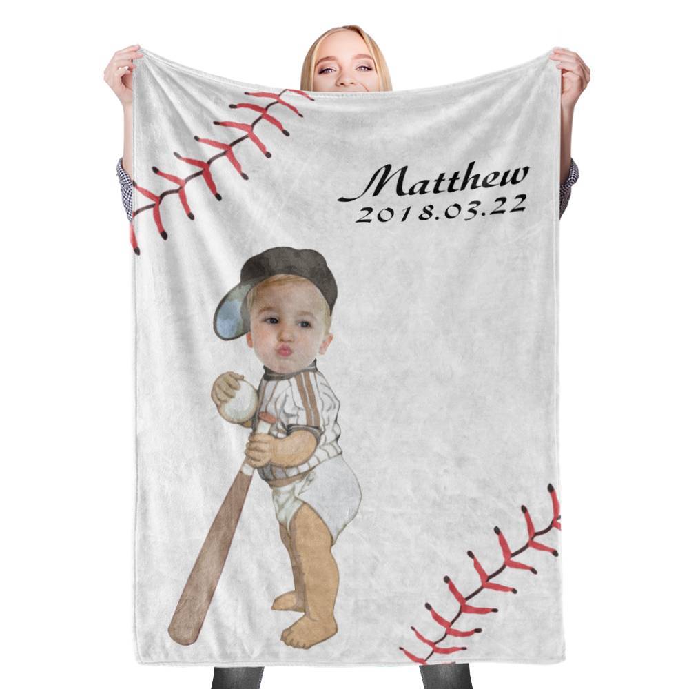 Custom Baby Blanket with Name Custom Face Photo Stroller Blankets Personalised Swaddle Blankets Baseball Face Change