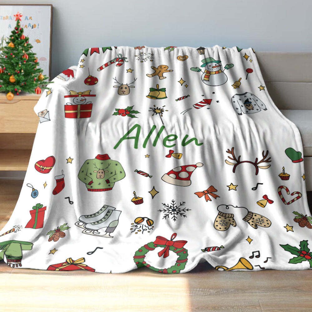 Custom Text Cute Christmas Icons Blanket Unique Gift For Kids - auphotoblanket