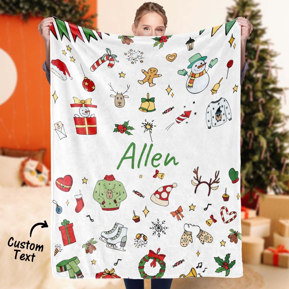 Custom Text Cute Christmas Icons Blanket Unique Gift For Kids - auphotoblanket