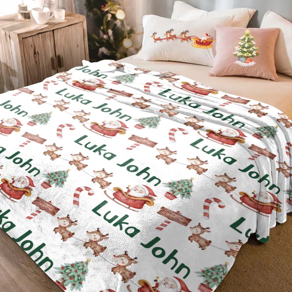 Custom Text Cute Santa Claus And Elk Christmas Blanket Unique Gift For Kids - auphotoblanket