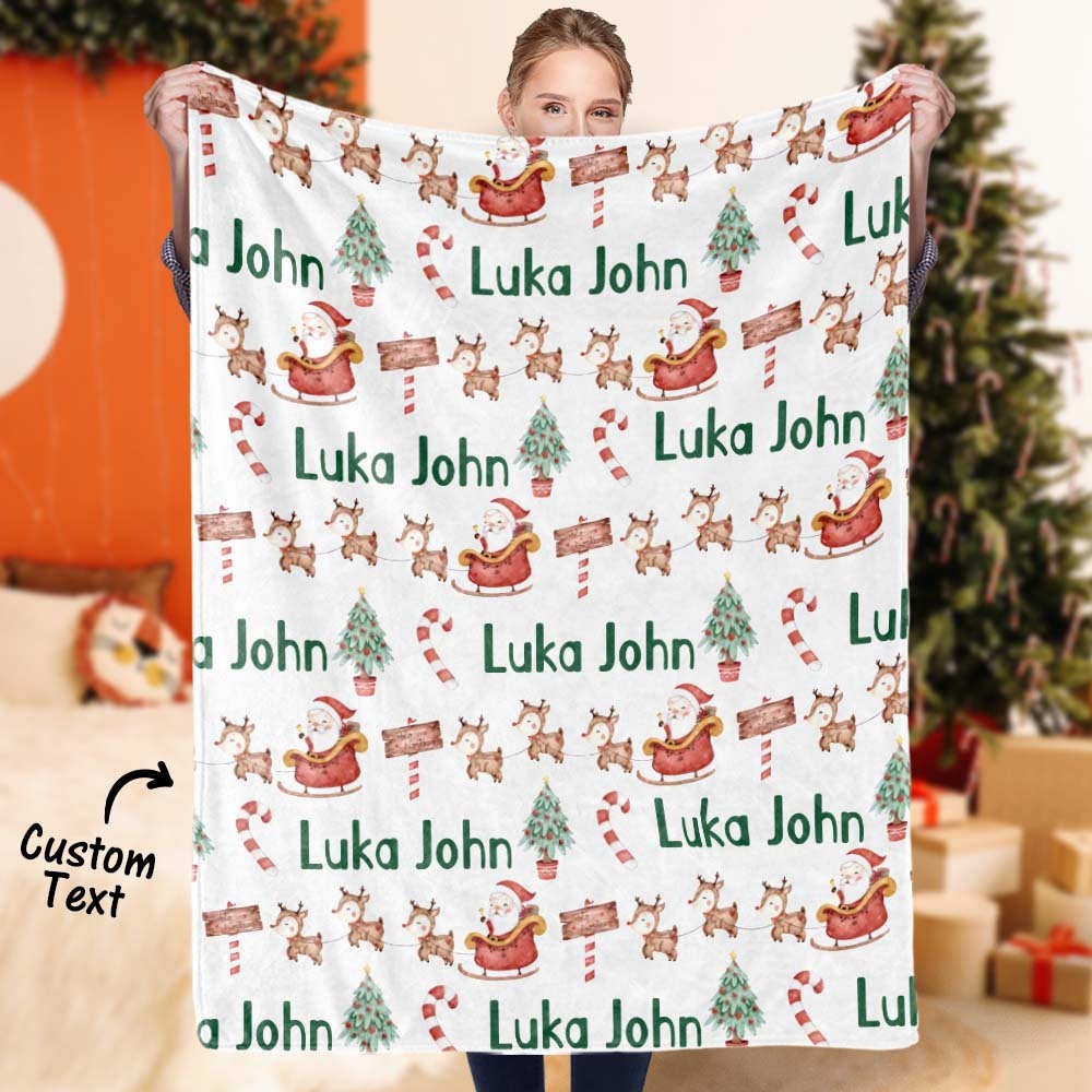 Custom Text Cute Santa Claus And Elk Christmas Blanket Unique Gift For Kids - auphotoblanket