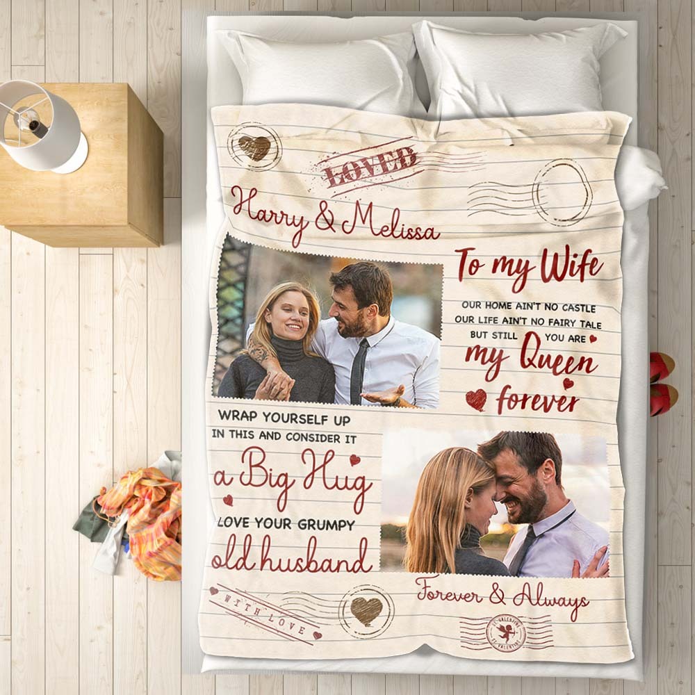 To My Wife Custom Photo and Name Blanket Valentine's Day Gift - auphotoblanket