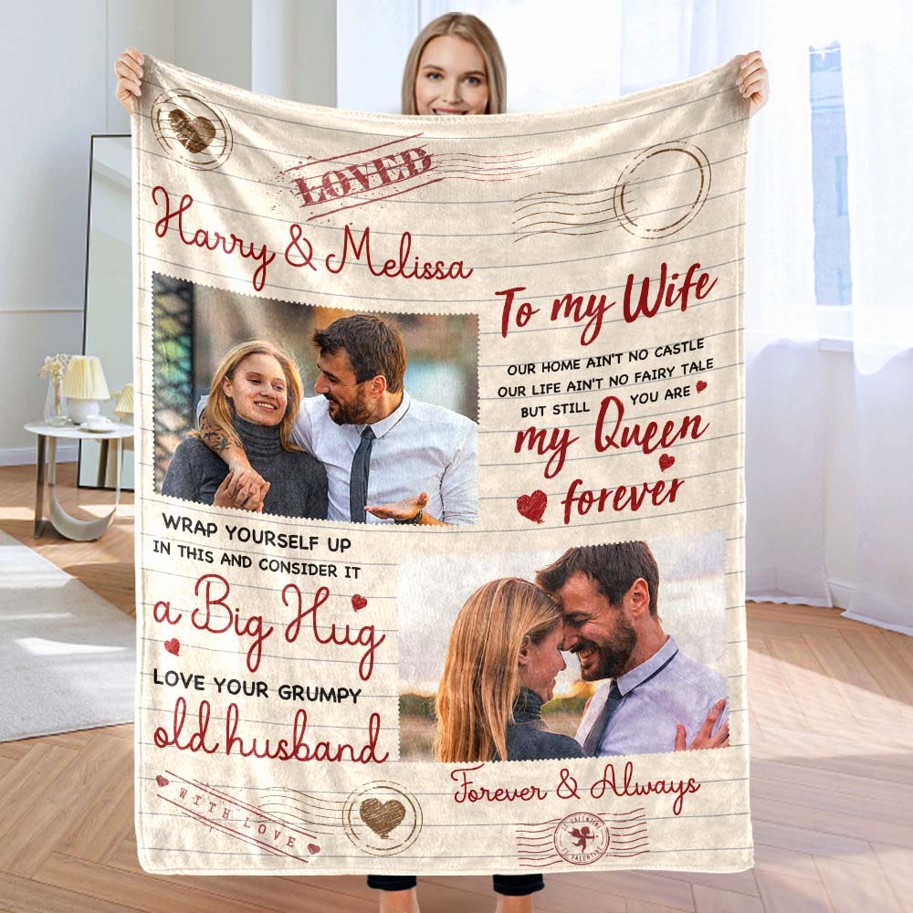 To My Wife Custom Photo and Name Blanket Valentine's Day Gift - auphotoblanket