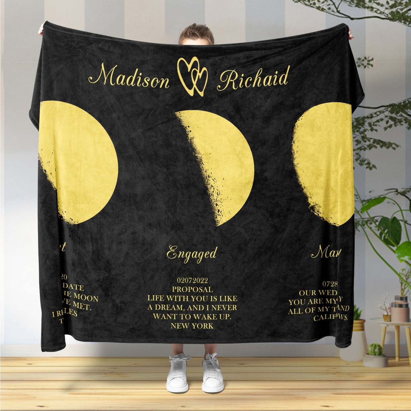 Custom Moon Phase Blanket Three Moon Personalized Names Anniversary Gifts for Her - auphotoblanket