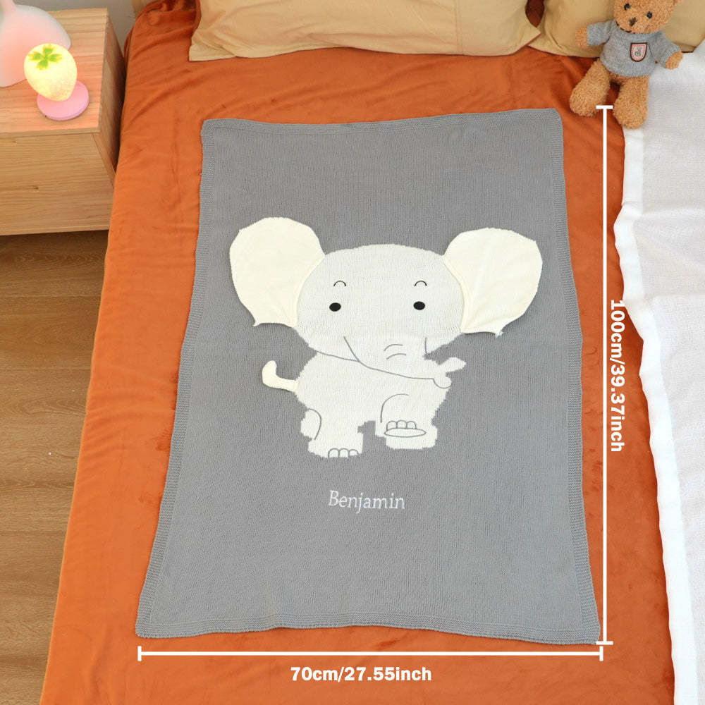 Personalized Baby Blanket Knitting Blanket Grey Elephant with Name Gift for Baby - auphotoblanket