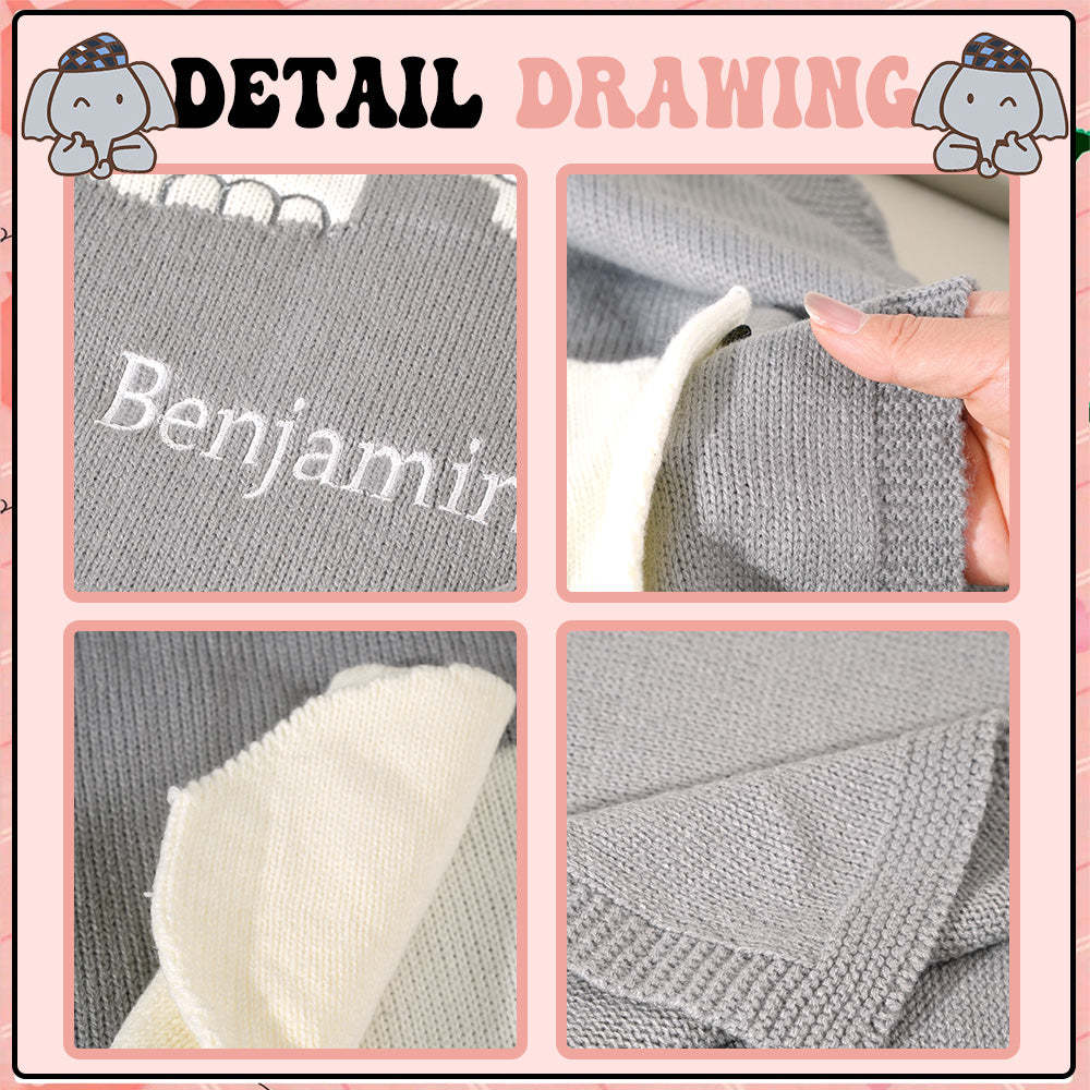 Personalized Baby Blanket Knitting Blanket Grey Elephant with Name Gift for Baby - auphotoblanket