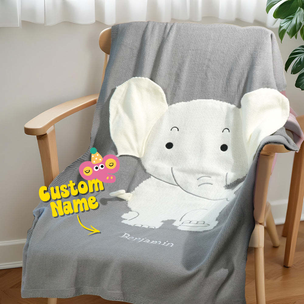 Personalized Baby Blanket Knitting Blanket Grey Elephant with Name Gift for Baby - auphotoblanket