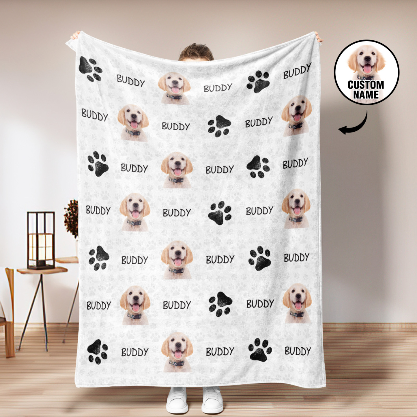 Custom Photo Name Pet Blankets Personalized Clipart Dog Blanket - Cute Pet Paw - auphotoblanket