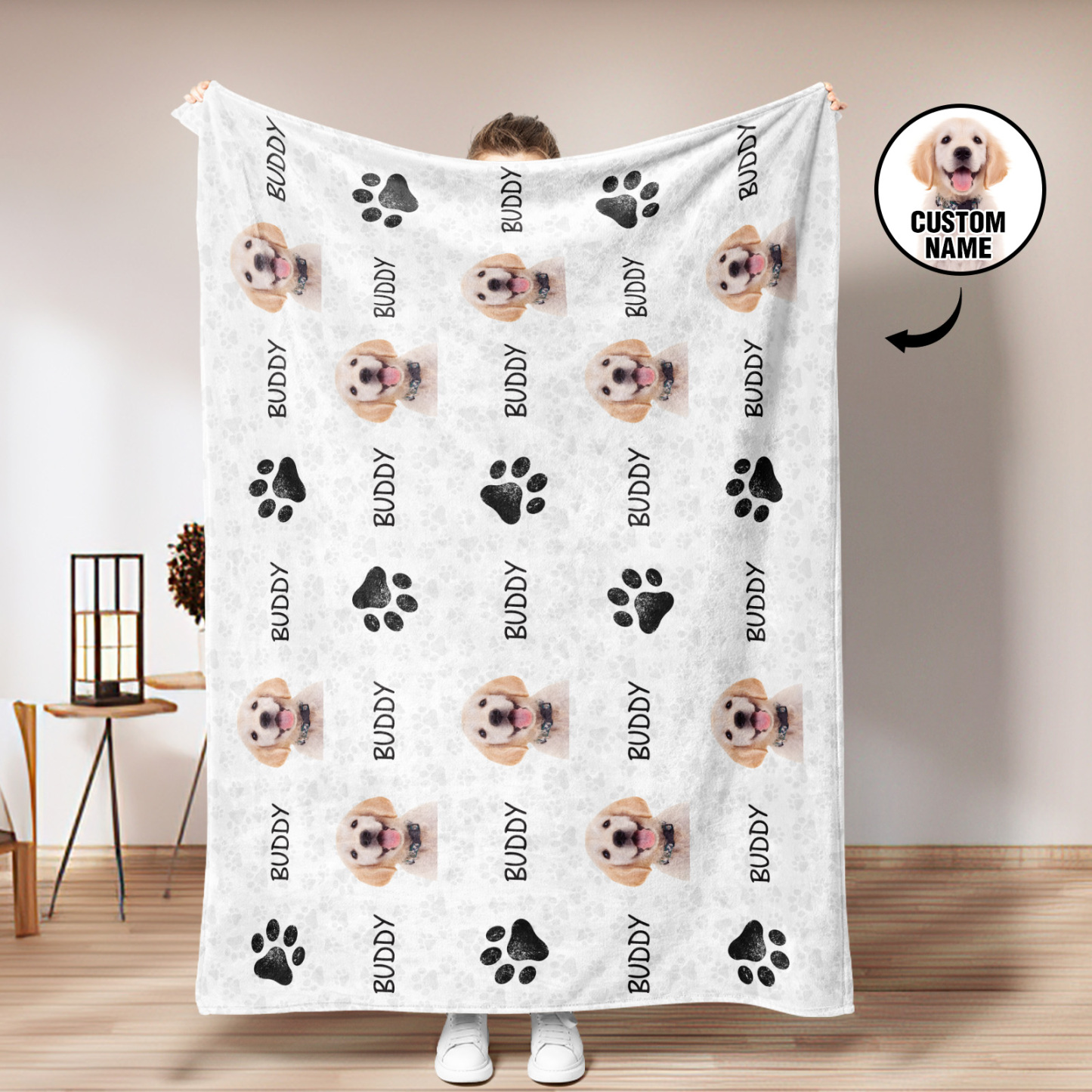 Custom Photo Name Pet Blankets Personalized Clipart Dog Blanket - Cute Pet Paw - auphotoblanket