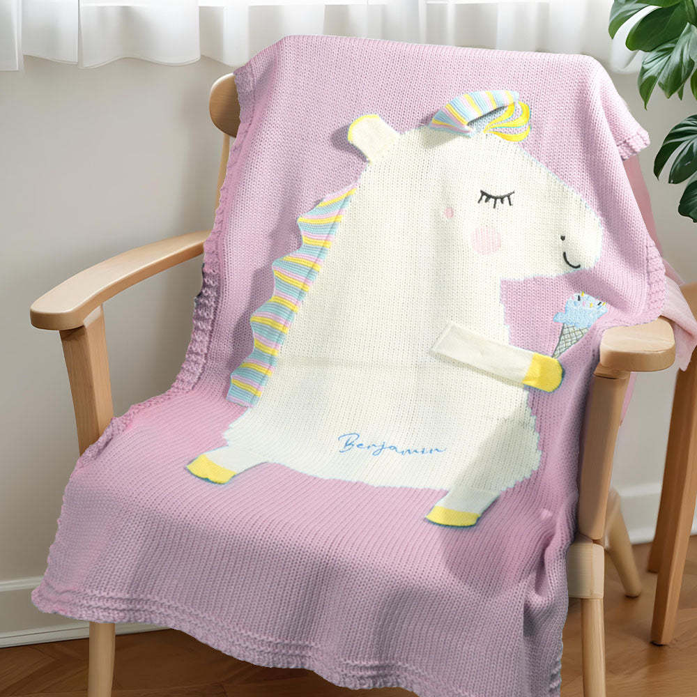 Personalized Knitted Blanket Unicorn Blanket with Embroidered Name Gift for Baby - auphotoblanket