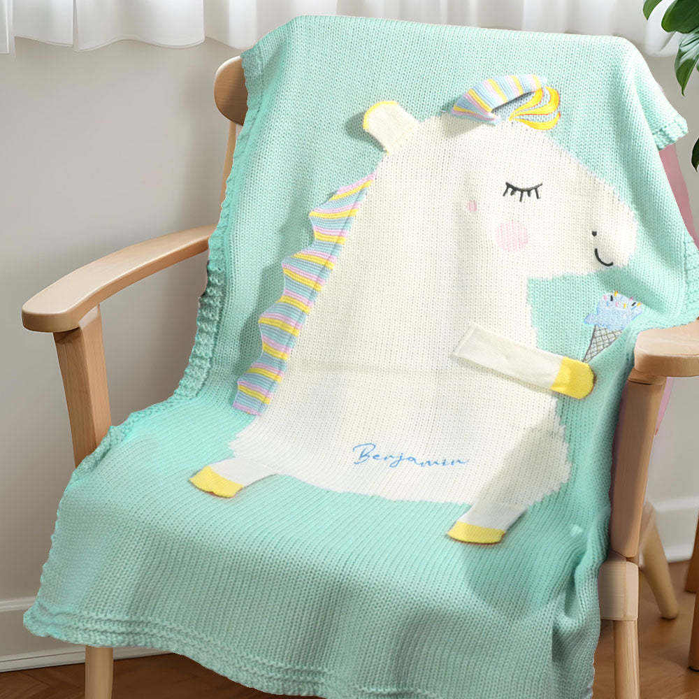 Personalized Knitted Blanket Unicorn Blanket with Embroidered Name Gift for Baby - auphotoblanket