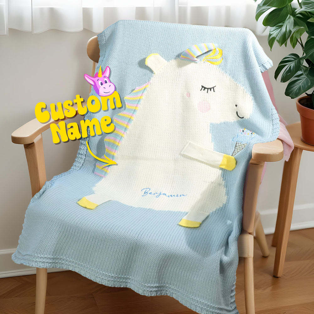 Personalized Knitted Blanket Unicorn Blanket with Embroidered Name Gift for Baby - auphotoblanket