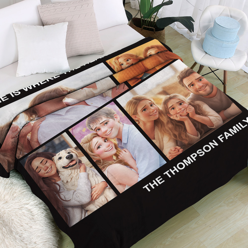Photo Blanket Personalized Cartoon Photo Family Blanket 5 Photos Cartoon Effect Blanket Gift For Family - auphotoblanket