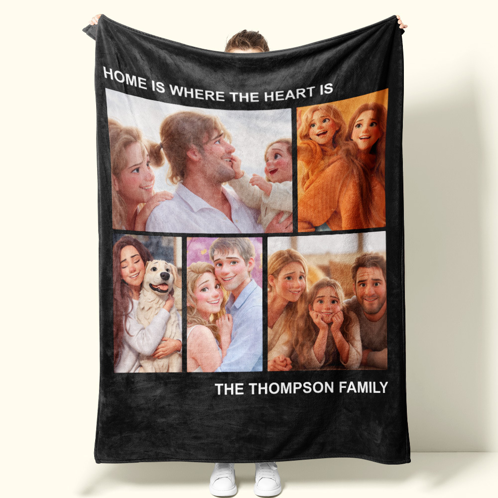 Photo Blanket Personalized Cartoon Photo Family Blanket 5 Photos Cartoon Effect Blanket Gift For Family - auphotoblanket
