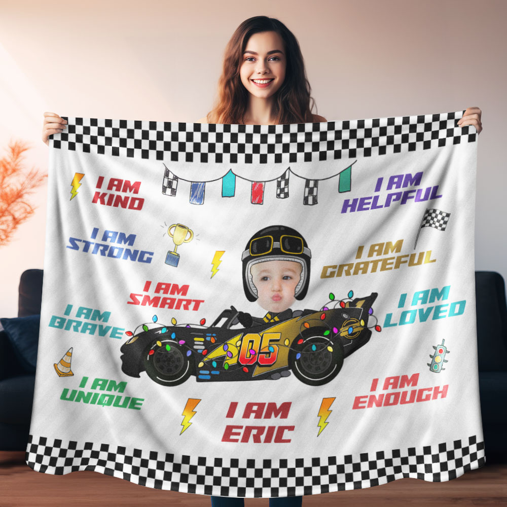 Custom Kid Face Car Toys Affirmation Gift - Personalized Photo Blanket - auphotoblanket