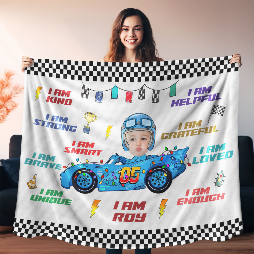 Custom Kid Face Car Toys Affirmation Gift - Personalized Photo Blanket - auphotoblanket