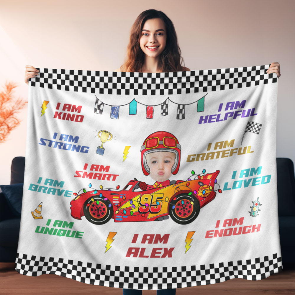 Custom Kid Face Car Toys Affirmation Gift - Personalized Photo Blanket - auphotoblanket
