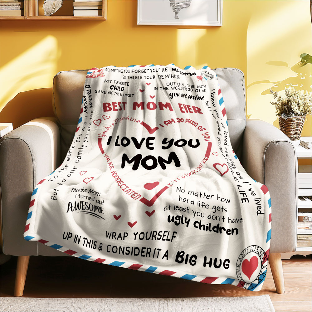 Letter To Mom Pattern Blanket, Soft Comfortable Warm Throw, Air-conditioned Room Warm Nap Blanket for Home Office Travel, Bedroom Accessories - auphotoblanket