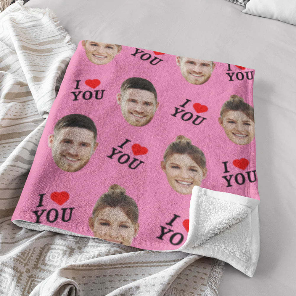 I LOVE YOU Custom Couple Face Blanket Personalized Photo Blanket Best Valentine's Day Gifts - auphotoblanket